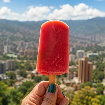 Paleta Frutoso en alto frente al paisaje de Medellín